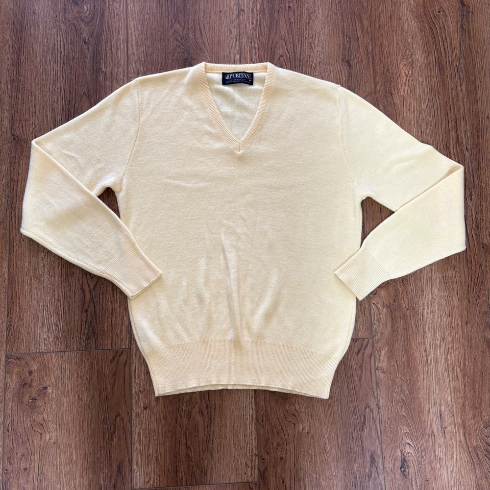 VTG 80s Puritan Mens V-Neck Sweater‎ Pastel Yellow Acrylic Made in USA Size M